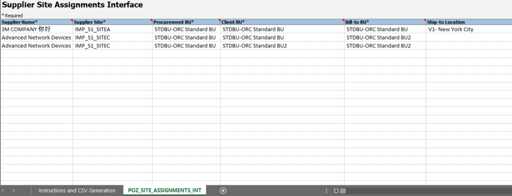 supplier site assignment table in oracle fusion