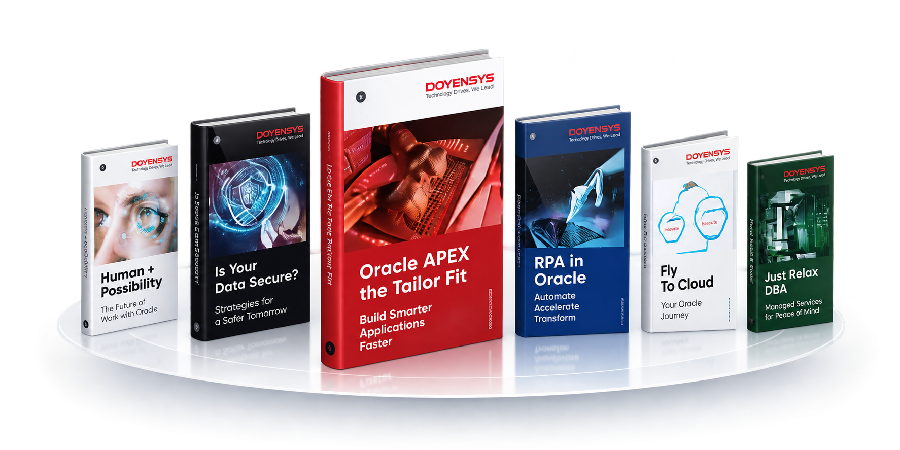 Doyensys book collection: Human + Possibility, Is Your Data Secure?, Oracle APEX the Tailor Fit, RPA in Oracle, Fly To Cloud, and Just Relax DBA