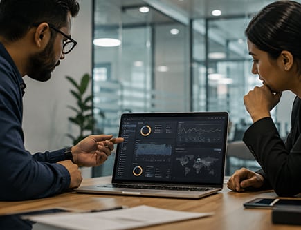 Consultants reviewing cloud analytics during an OCI assessment