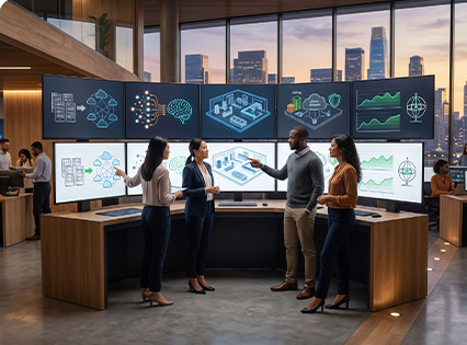 Doyensys team collaborating around interactive displays