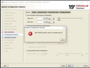 DBCA fails with errors: [FATAL] [DBT-50000] Unable to check for available memory