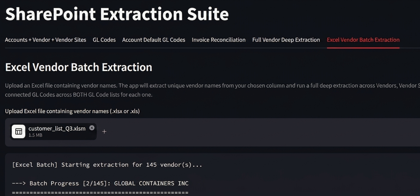 Excel Vendor Batch Extraction screen with uploaded vendor list