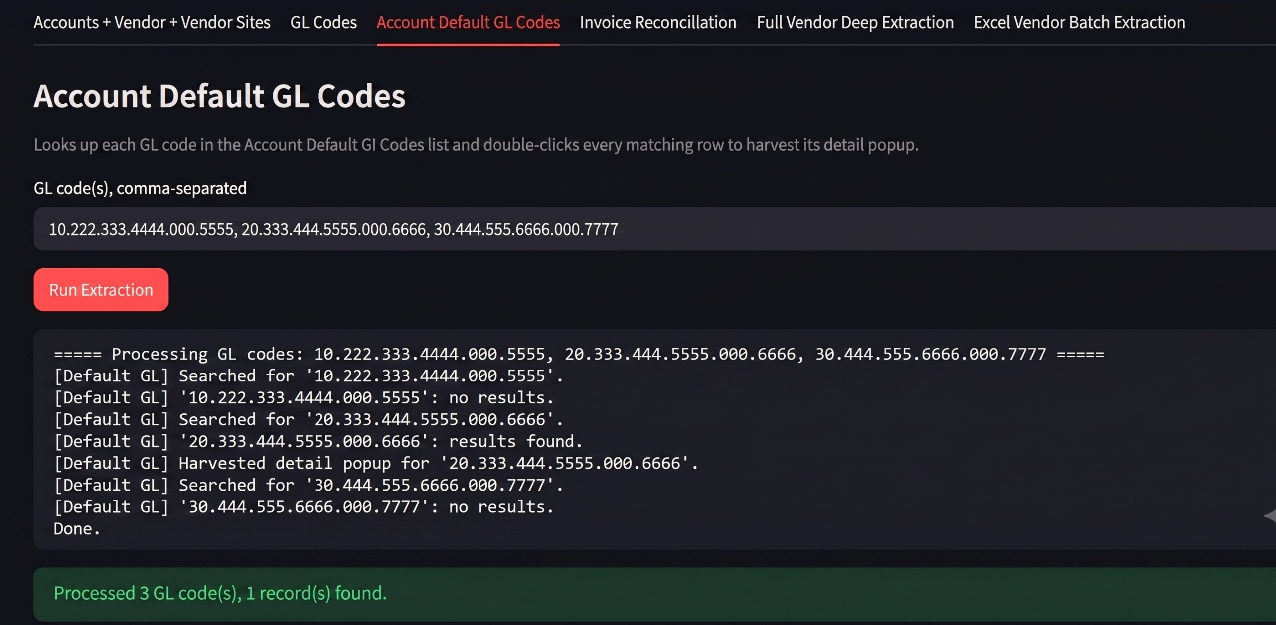 Account Default GL Codes extraction screen showing allocation results