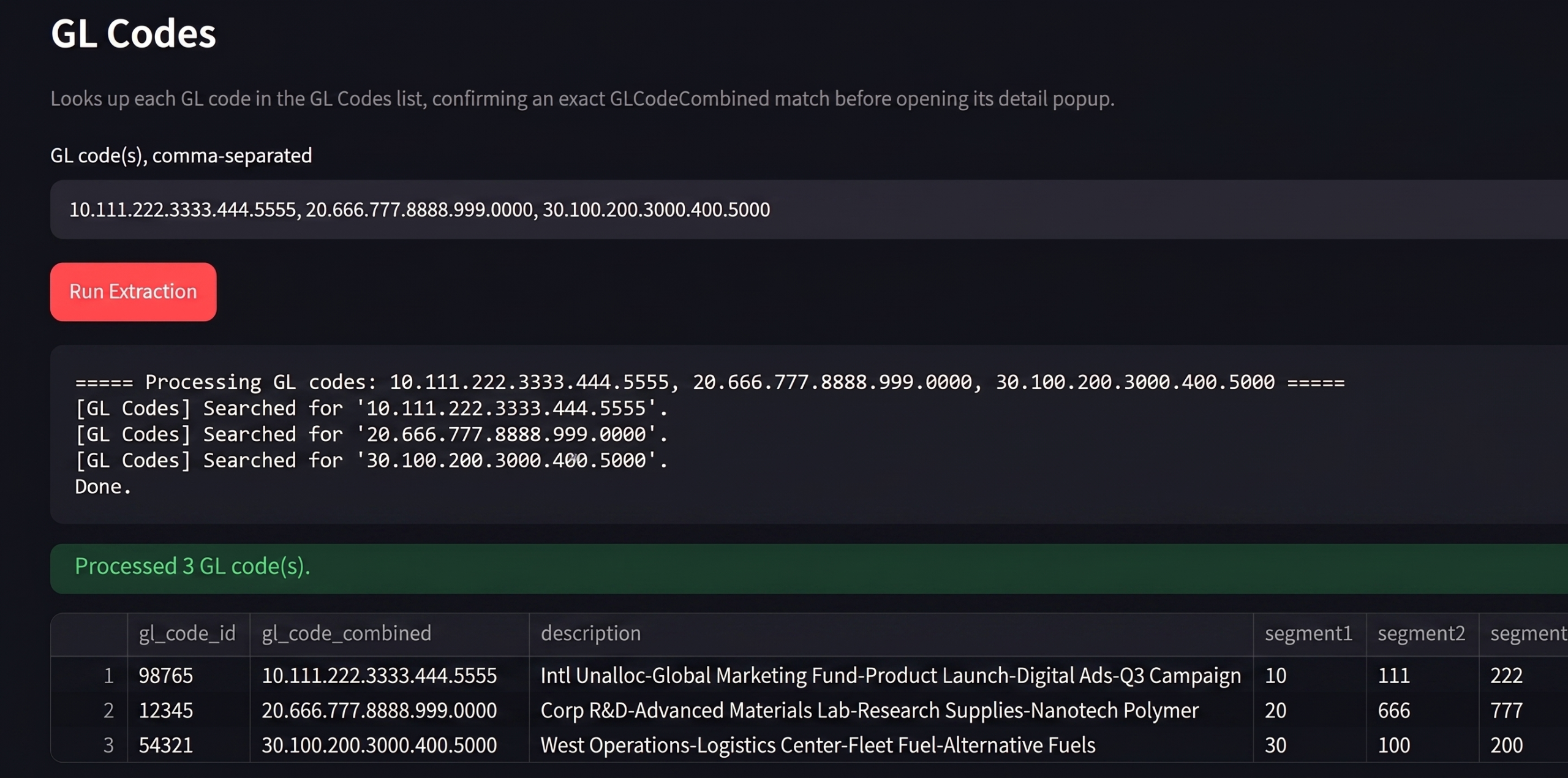 GL Codes extraction results table showing code, description, and account segments