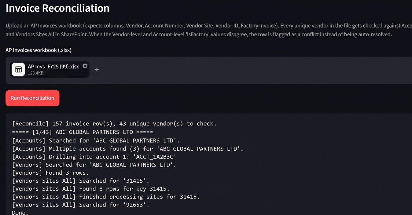 Invoice Reconciliation screen comparing invoice, vendor, and account data