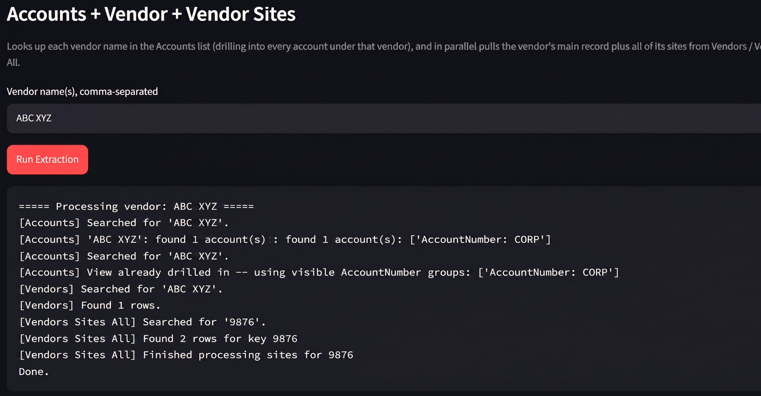 SharePoint extraction screen showing accounts, vendor, and vendor site lookup results